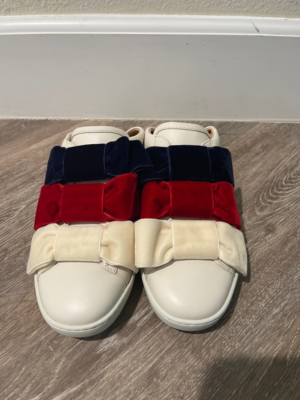 Gucci White Sneakers with Navy, Red, and Cream Velvet Bows